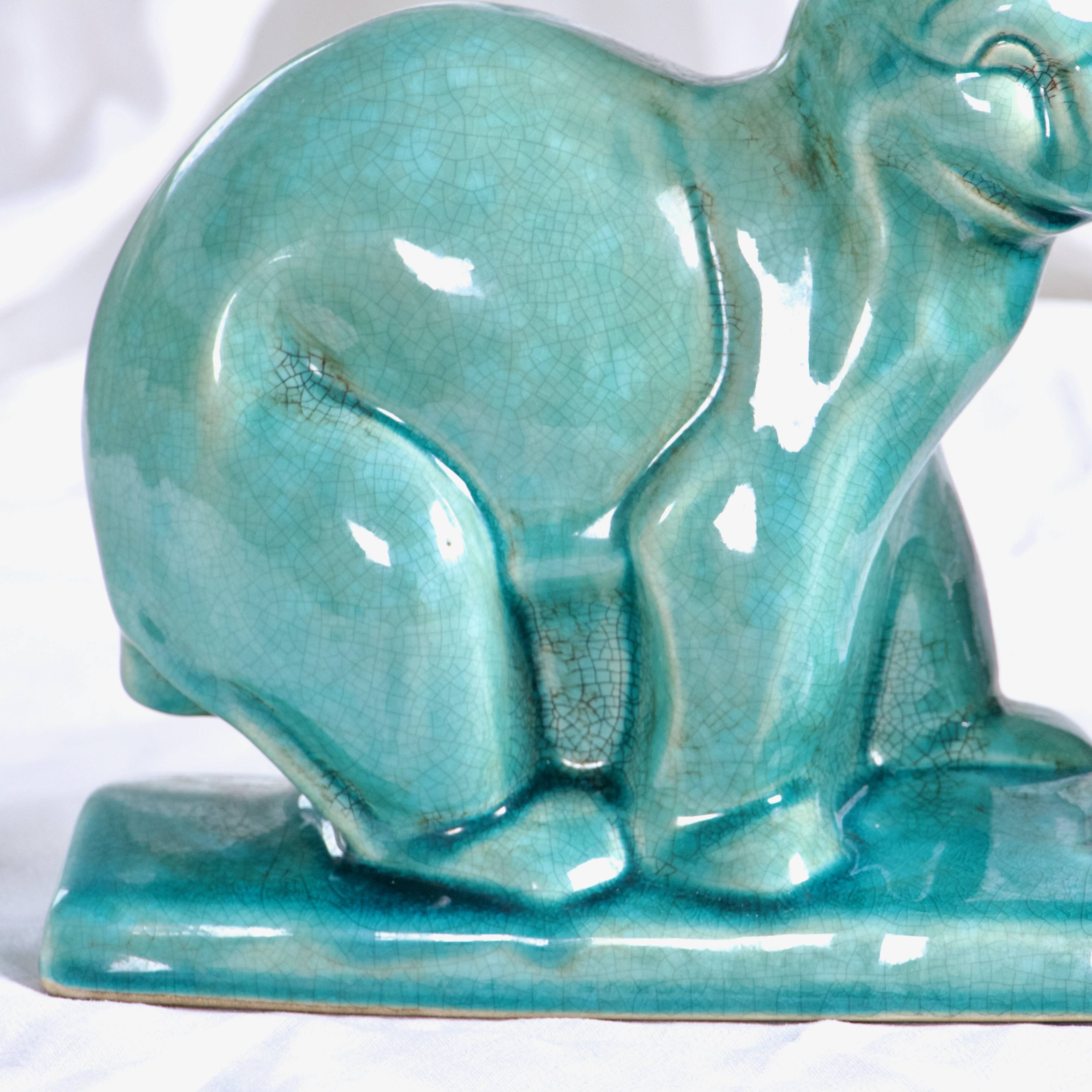 Art Deco Cracked Ceramic Teddy Bear Statue by LV Ceram