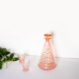 Old pink glass liqueur carafe and 2 glasses