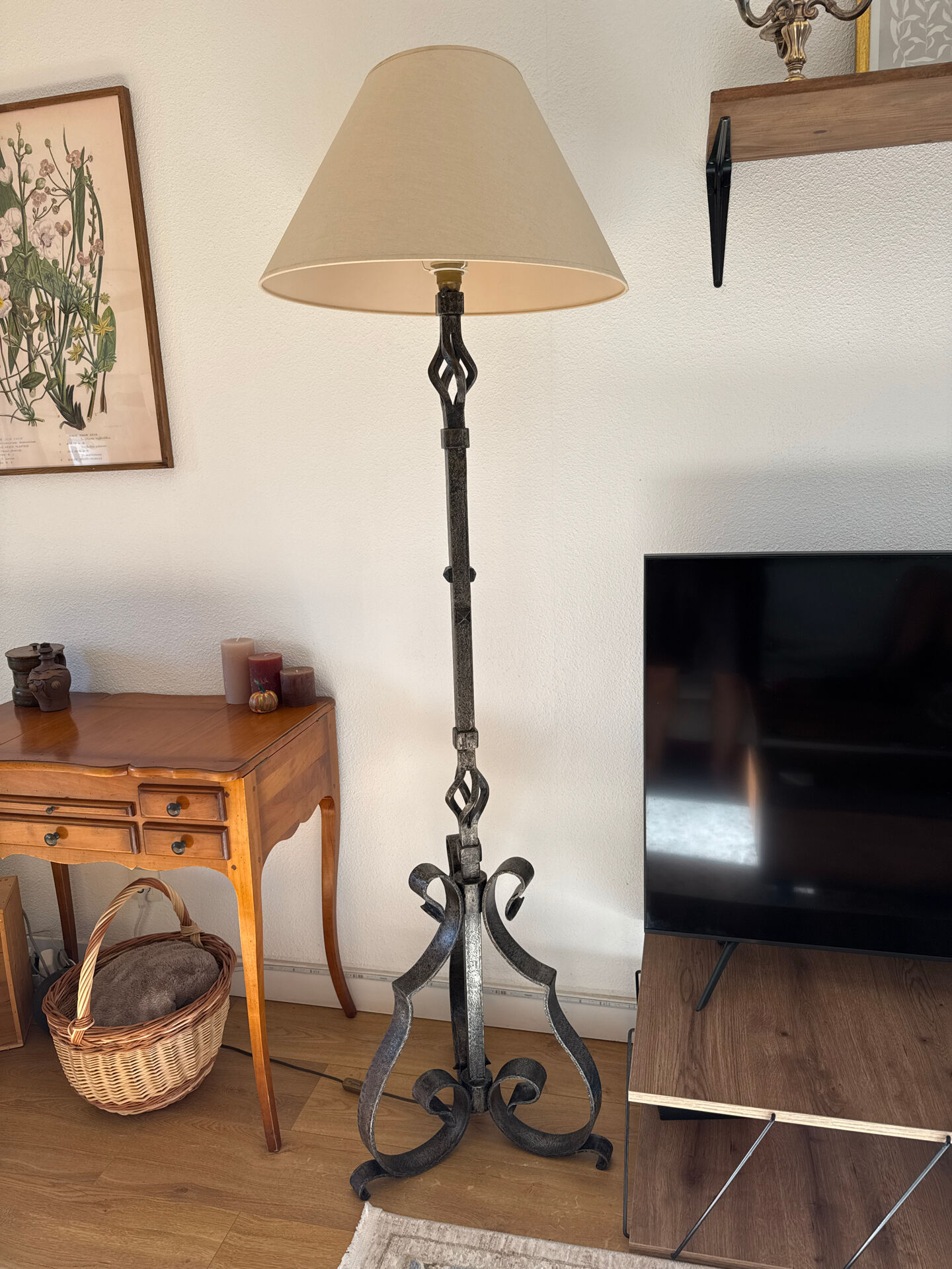 Large hammered wrought iron floor lamp, brutalist style, mid-20th century.