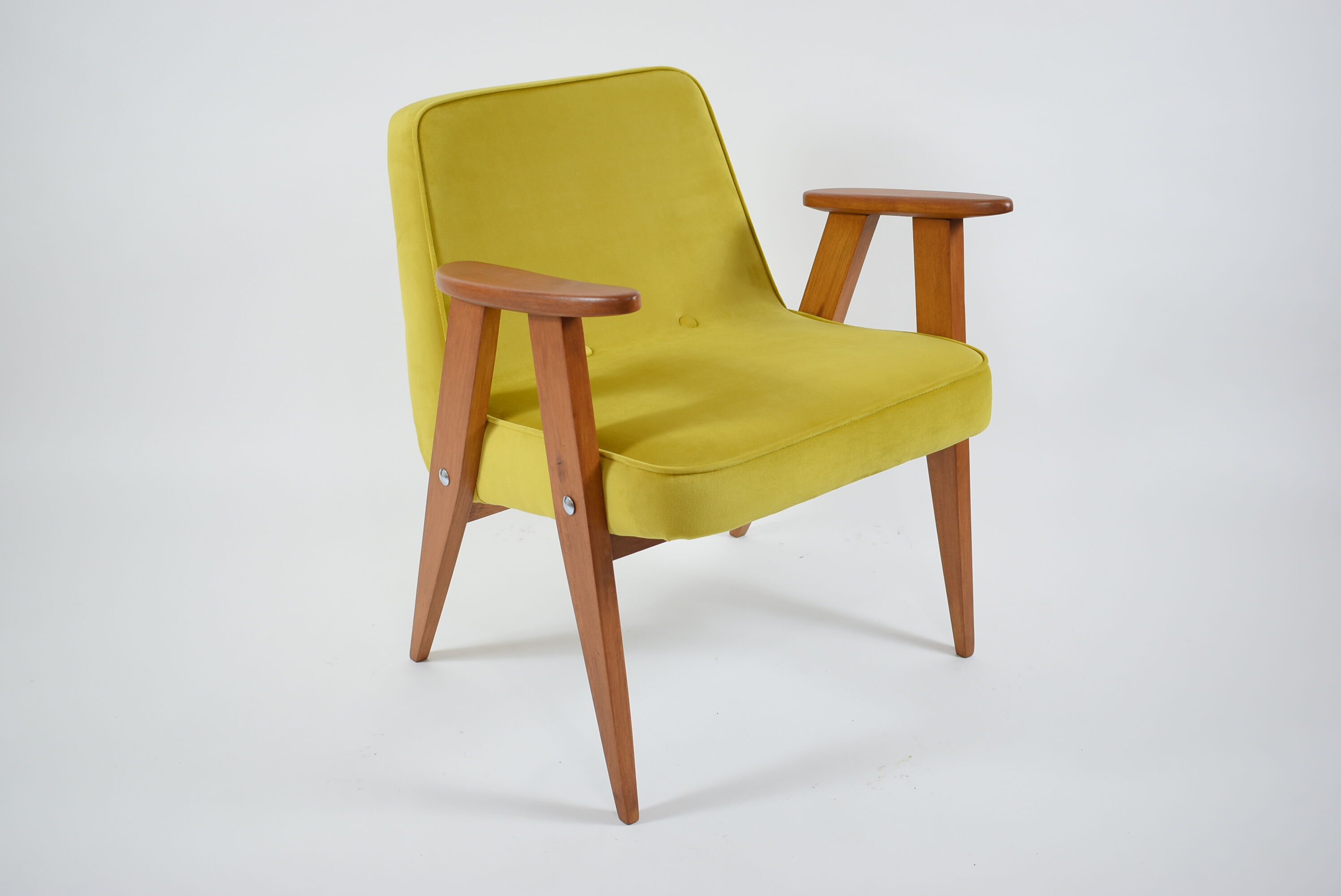 Resatored 366 armchair, designer J. Chierowski, 60s icon, yellow velvet