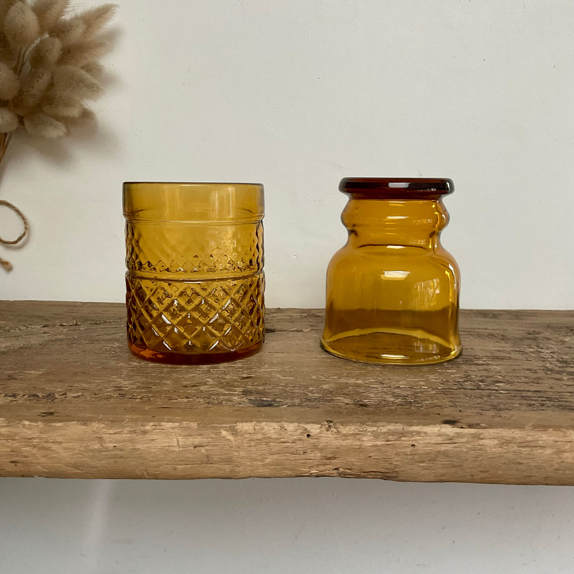 4 mismatched amber glasses