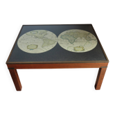 Table basse Maison Jansen style campagne des années 1970, carte de l'atlas mondial