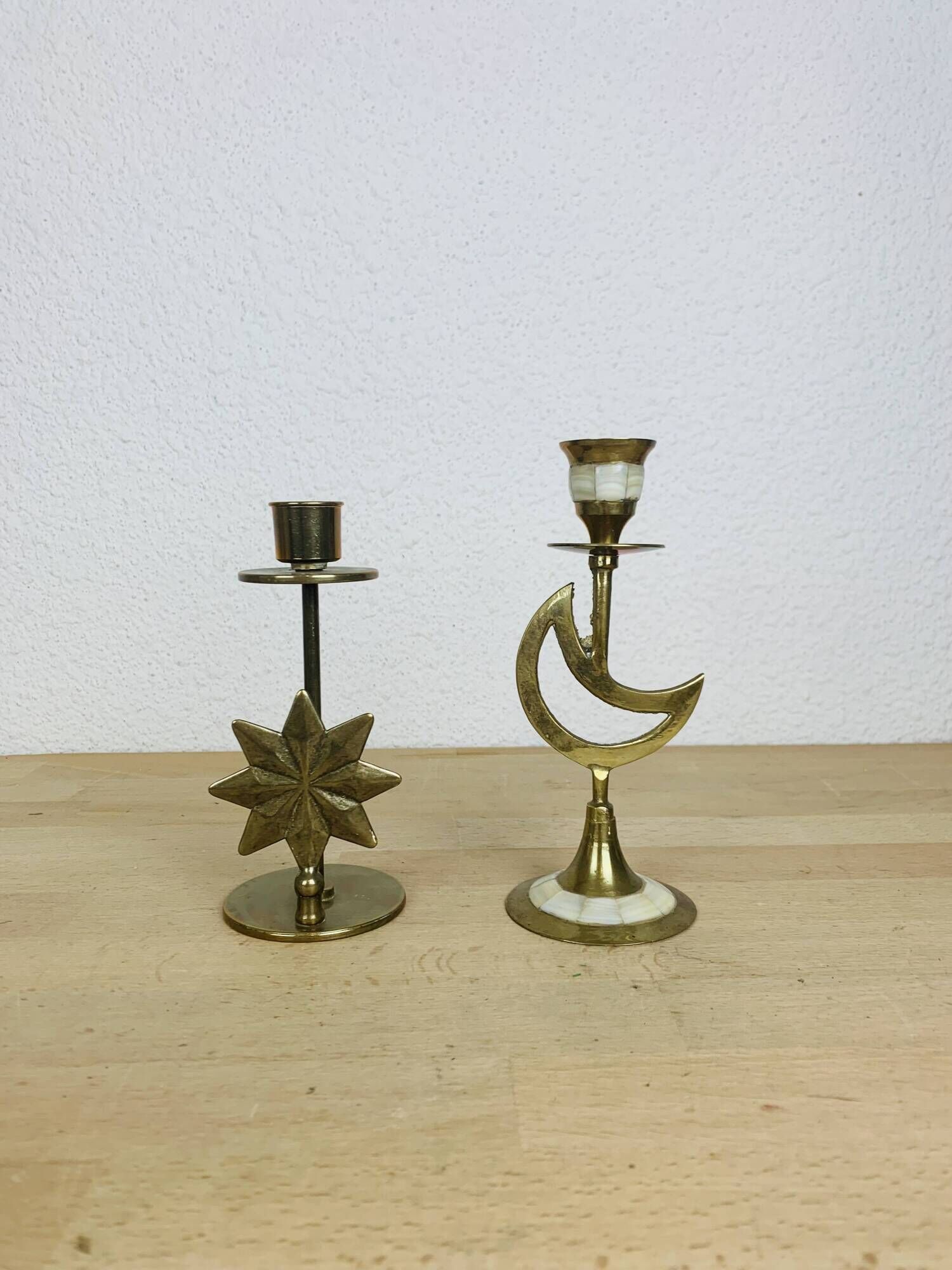 Pair of mother-of-pearl brass candlesticks with moon and sun