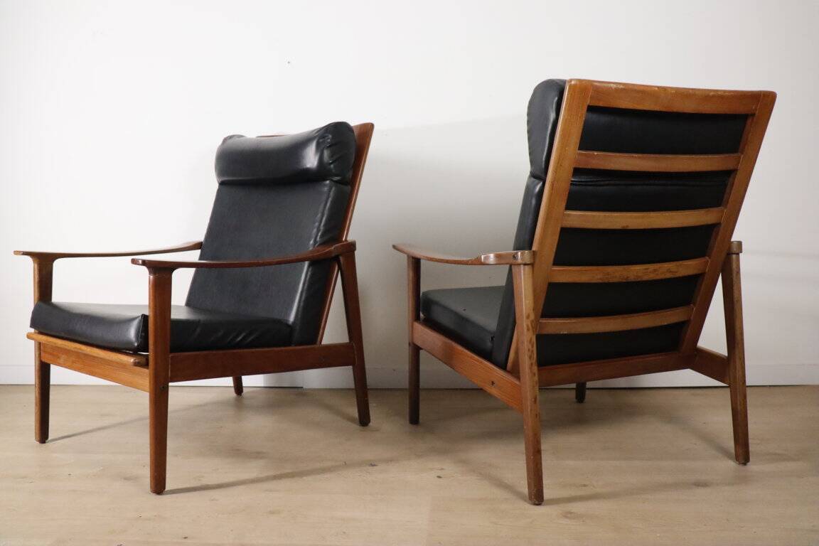 Pair of Scandinavian teak and leatherette armchairs, 1960