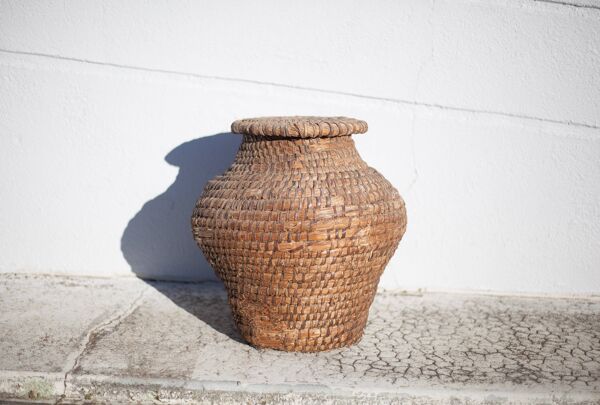 Panier ancien, bourgne paille et ronce, panier tressé avec couvercle, décoration intérieur, garde-ma