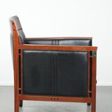 Black leather and wooden Art Deco design armchair