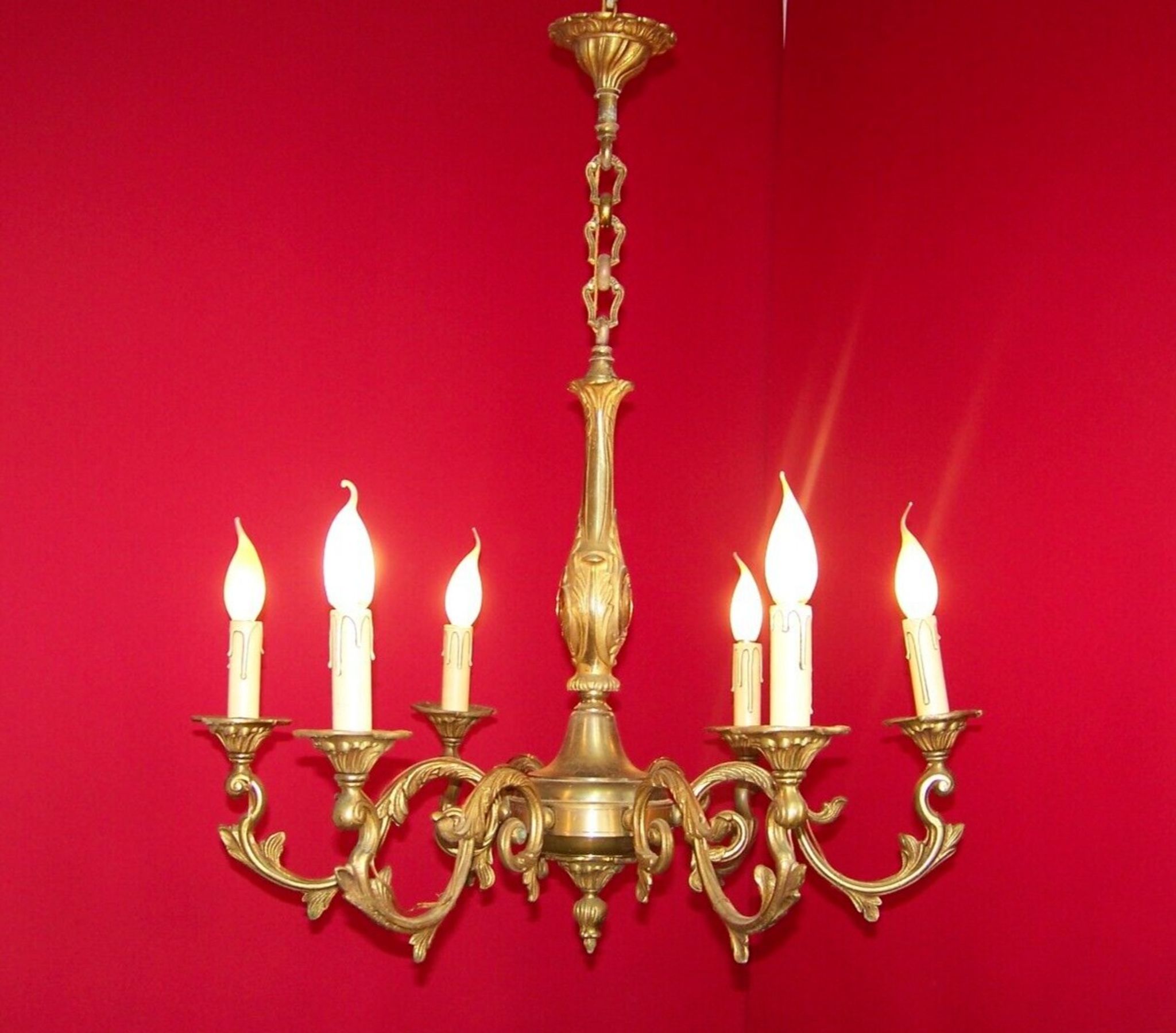 French art nouveau style quality bronze 6 light chandelier