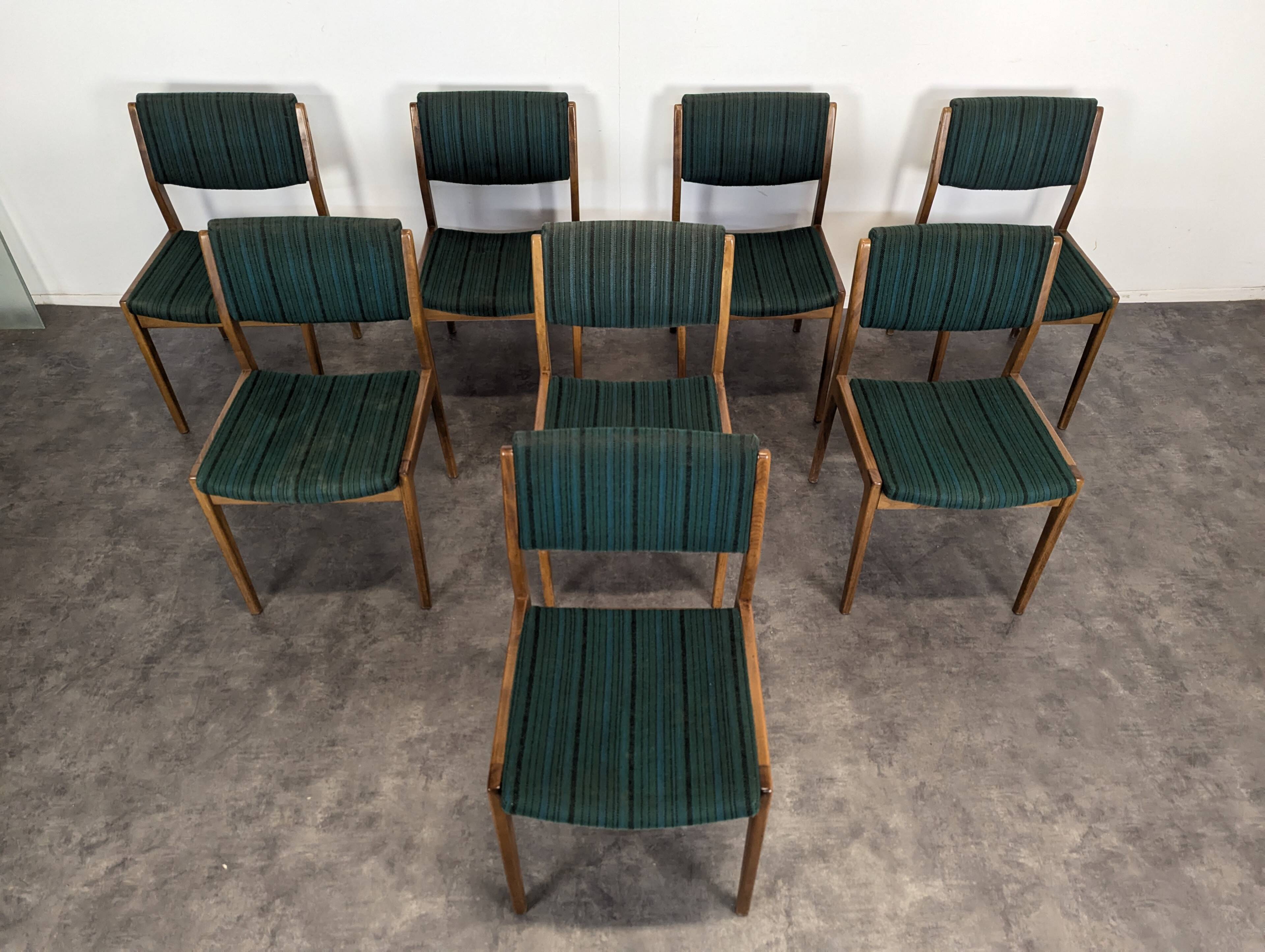Set of 8 vintage green fabric chairs.