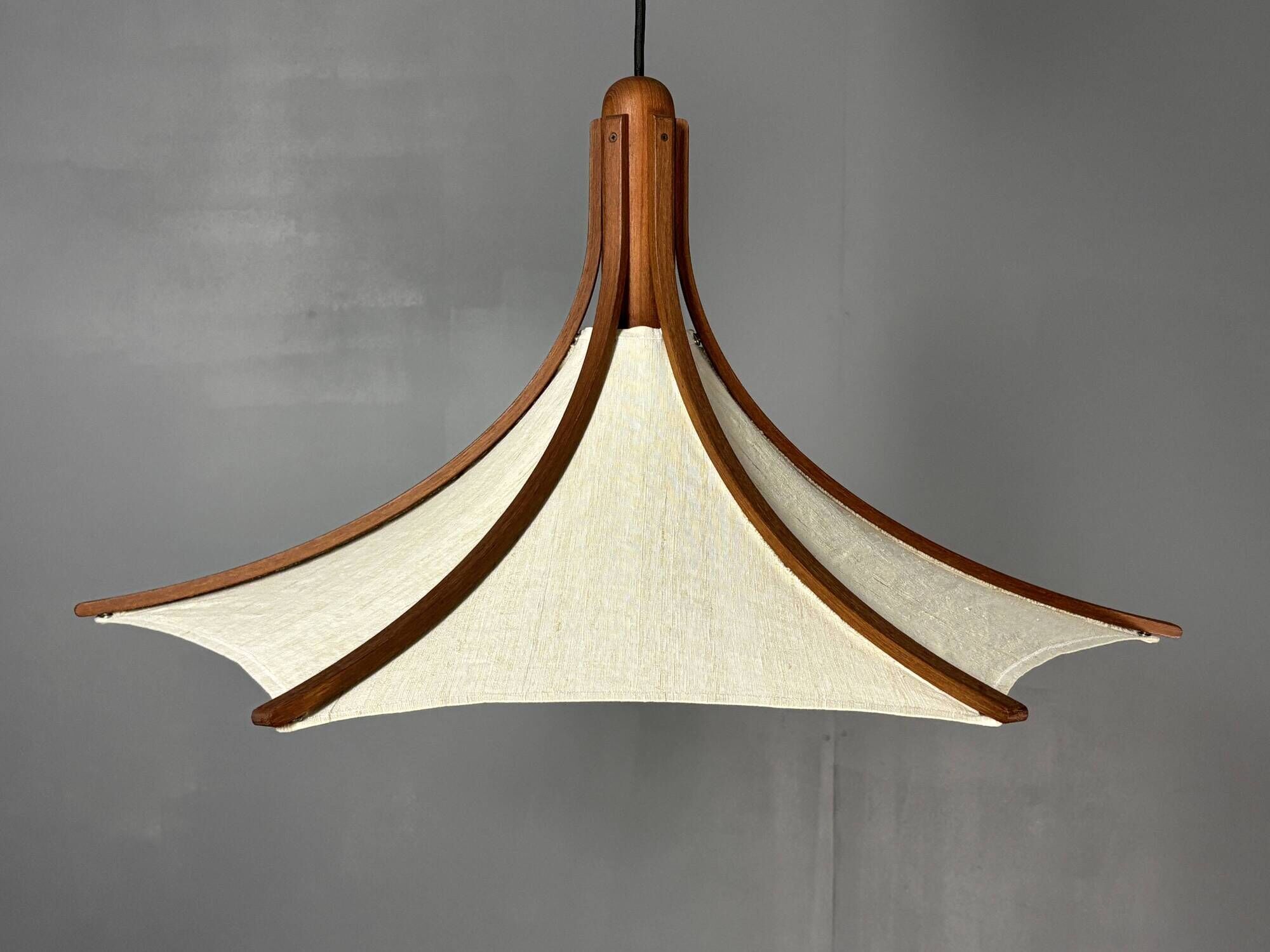 Teak And Linen Umbrella Counter Balance Pendant By Domus, 1970s