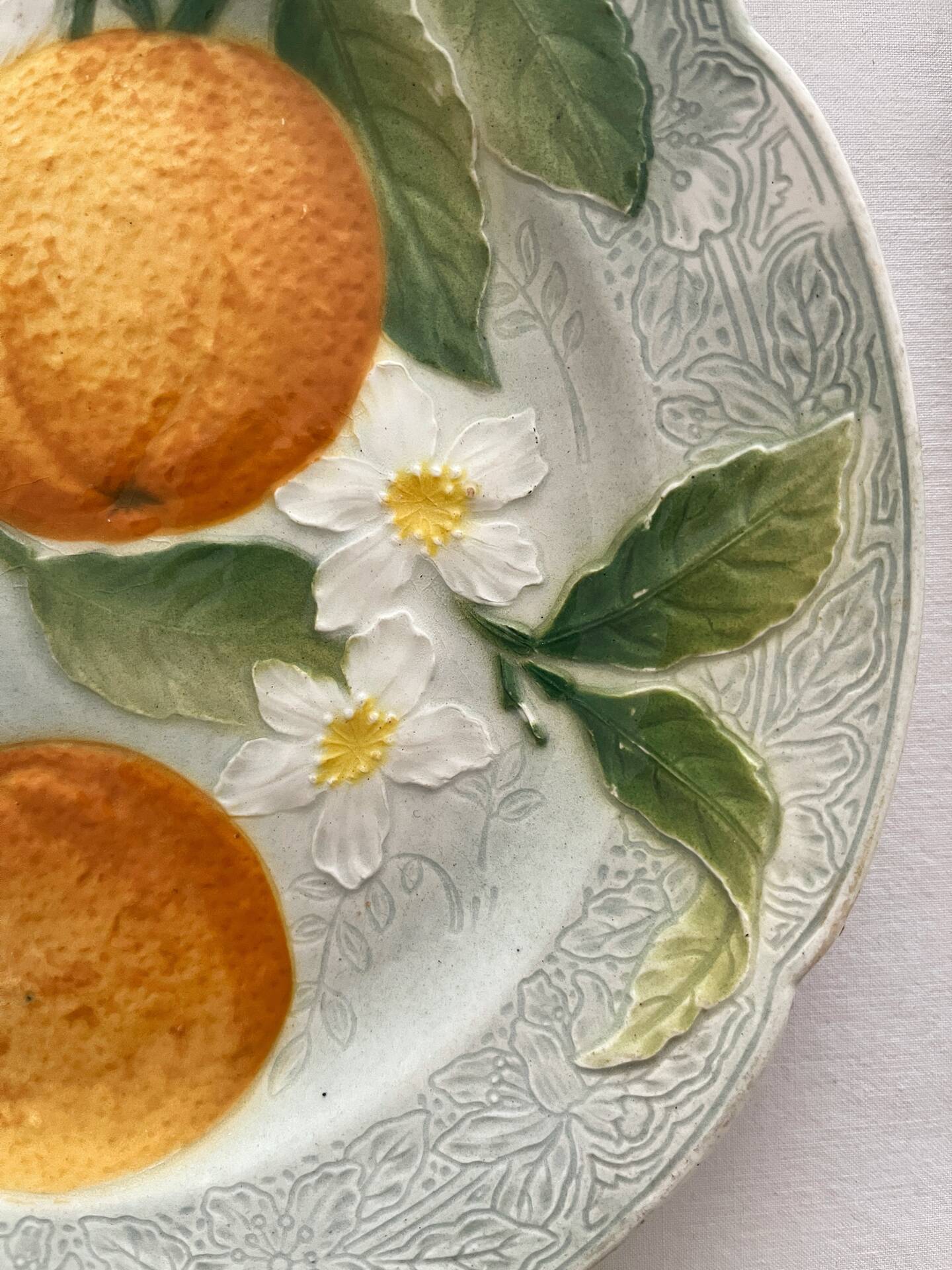 6 orange barbotine dessert plates from Saint Clément earthenware.