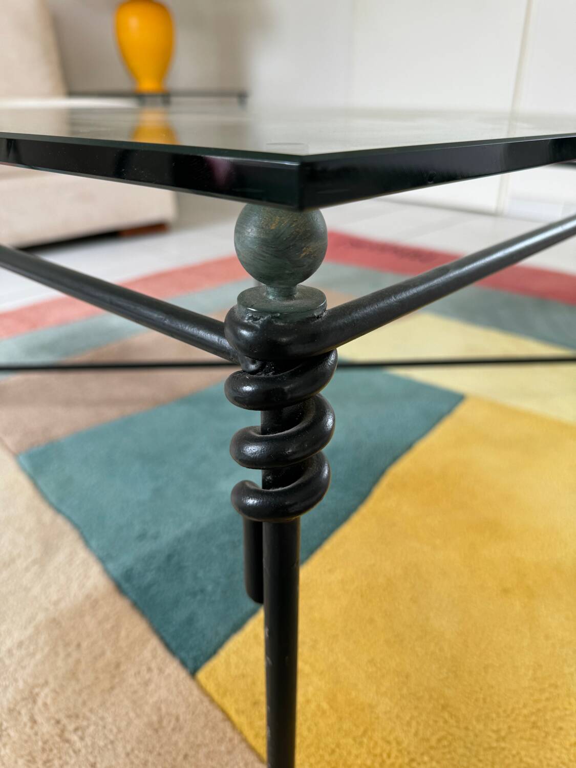 Large wrought iron and glass coffee table by Jacques Ducru