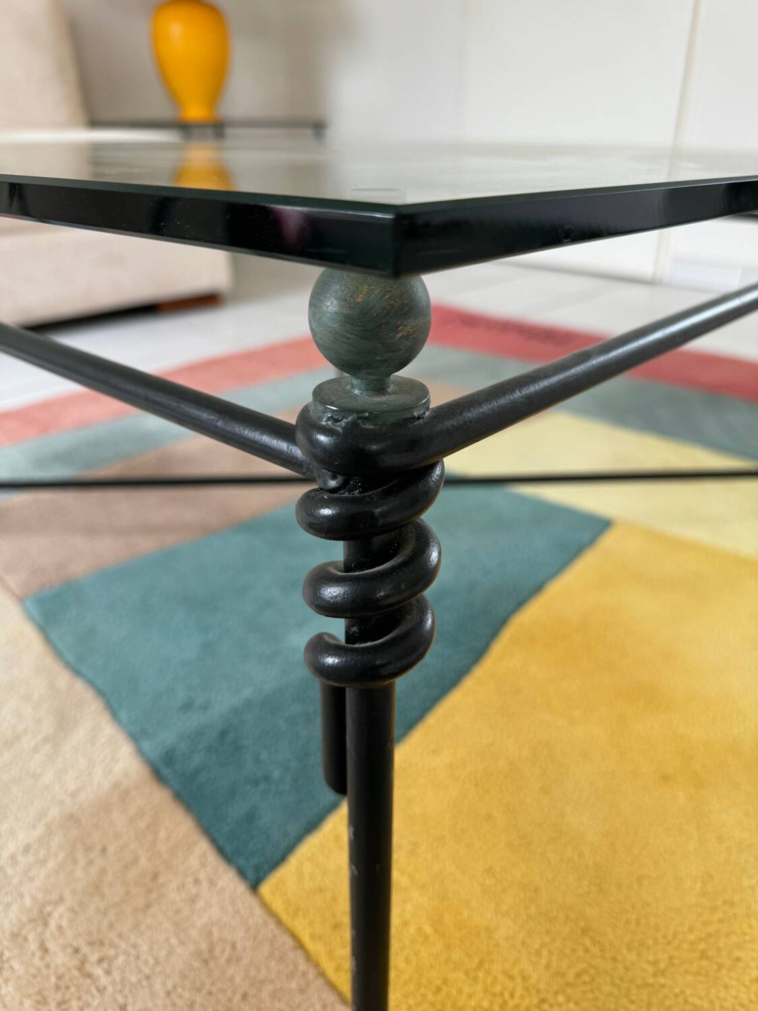 Large wrought iron and glass coffee table by Jacques Ducru