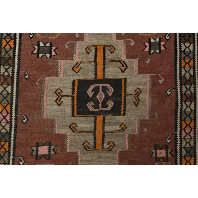 Vintage Turkish Oushak handmade wool cotton brown runner rug 137X338