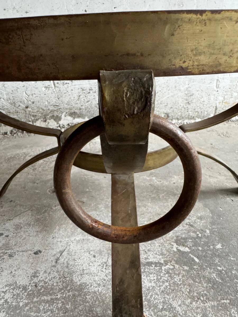 1970s Brutalist Round Coffee Table – Grey Slate Top with Copper-Tone Wrought Iron Frame