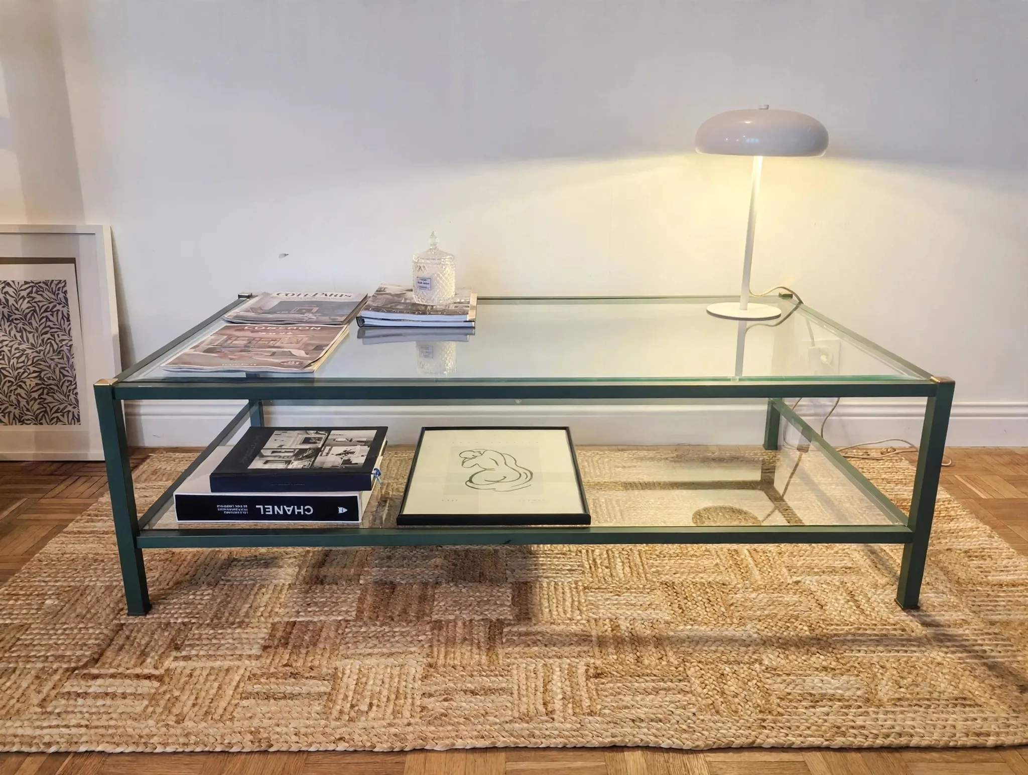 Table basse vintage Pierre Vandel vert forêt & or 70's
