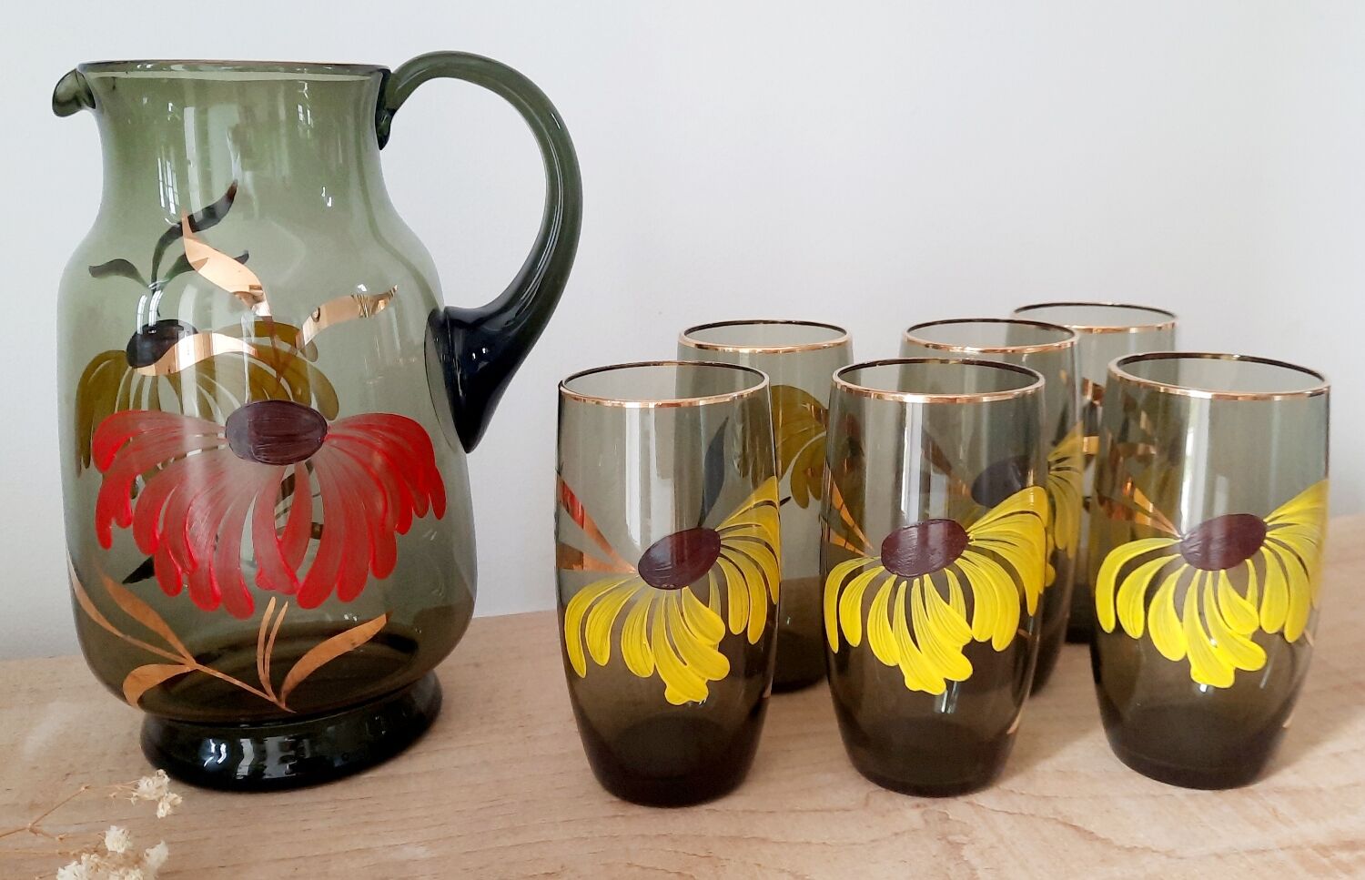 Vintage smoked amber glass pitcher