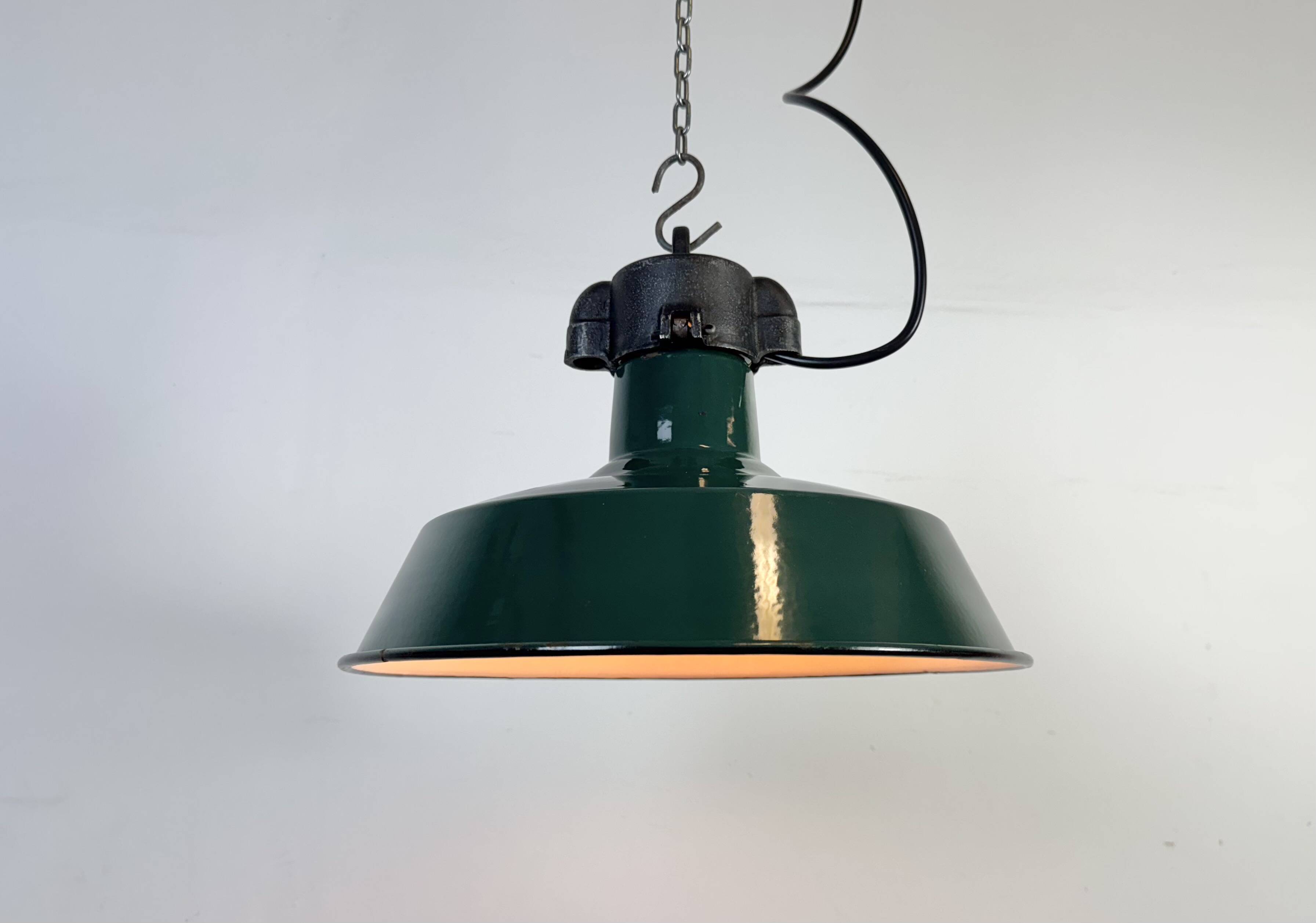 Industrial French Dark Green Enamel Factory Pendant Lamp, 1960s