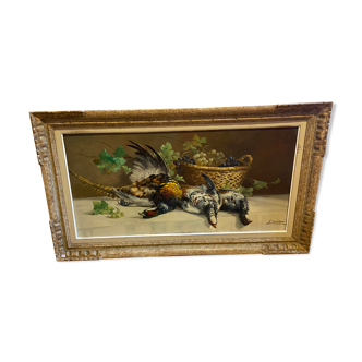 Oil on canvas from the 50s, still life with pheasants, illegible signature, perfect condition.