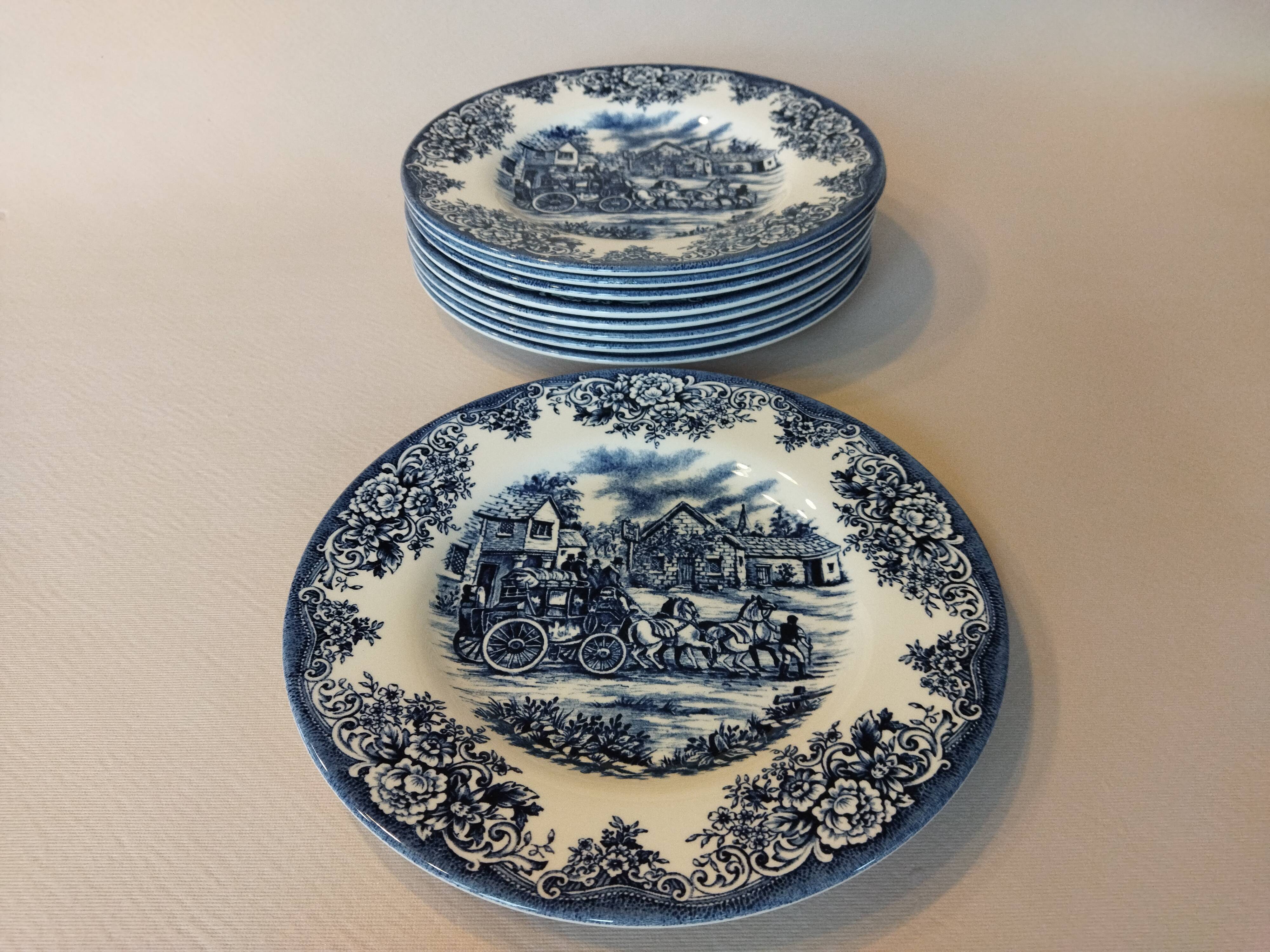 Set of 9 dessert plates English style blue & white