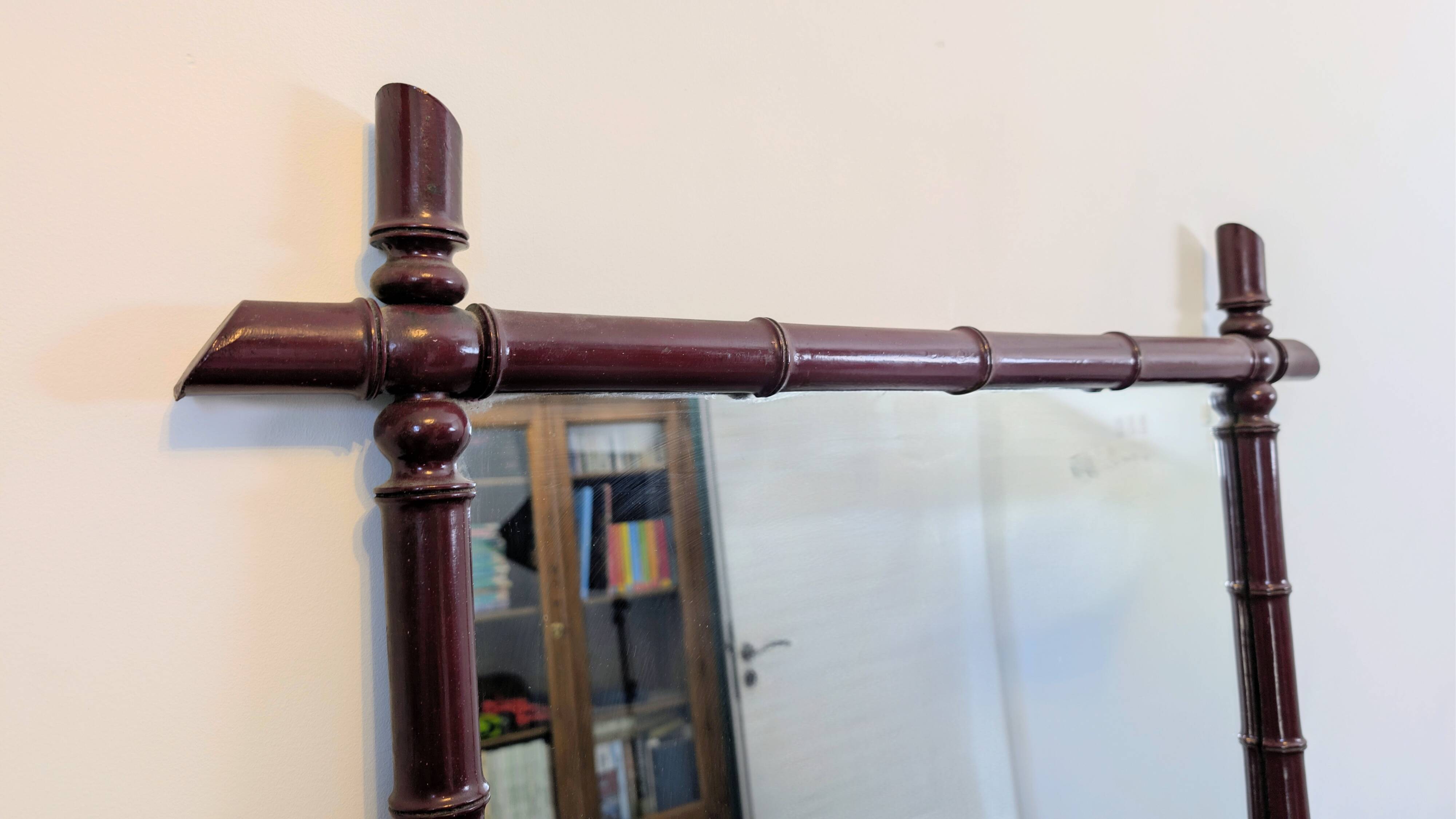 Vintage mirror with a bamboo effect in burgundy, chic exotic style - 79 x 64 cm