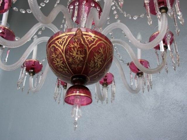 Chandelier pendants 19th golden colored glass and gilding