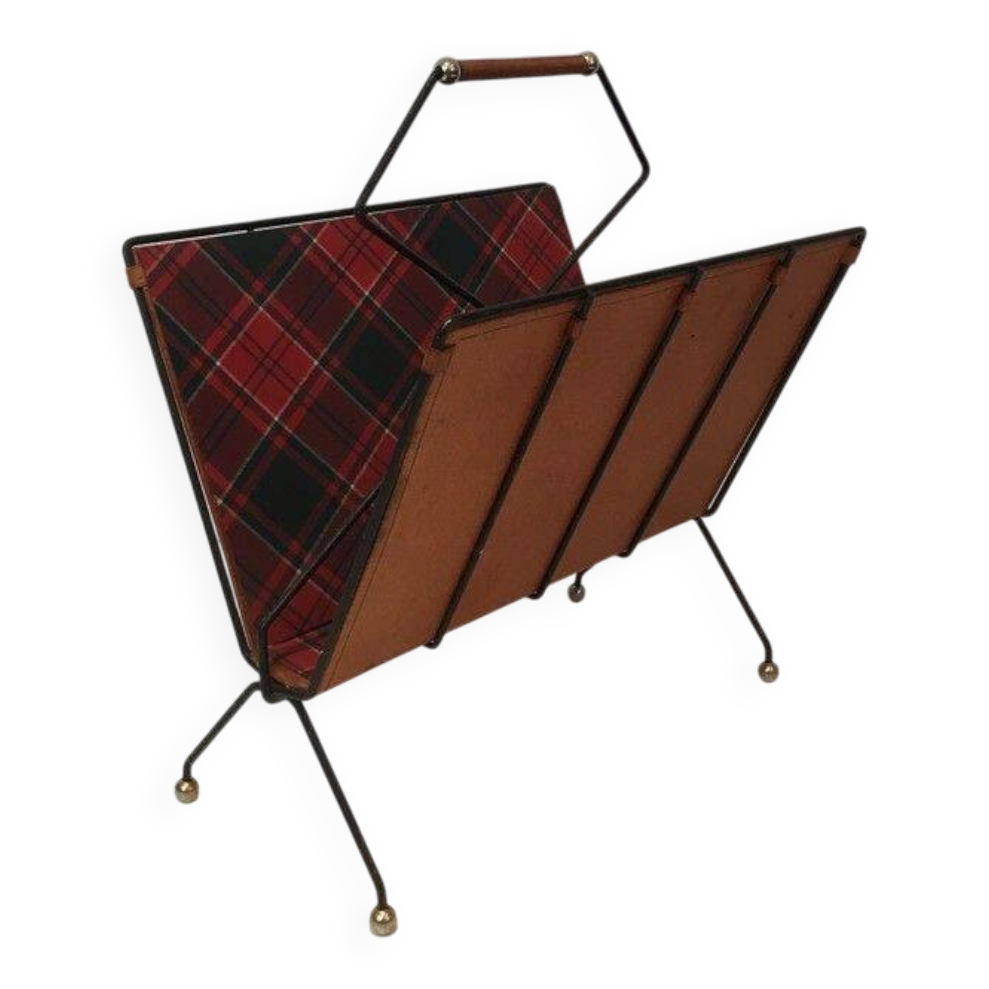 Magazine rack in black lacquered metal, leather and checkered fabric