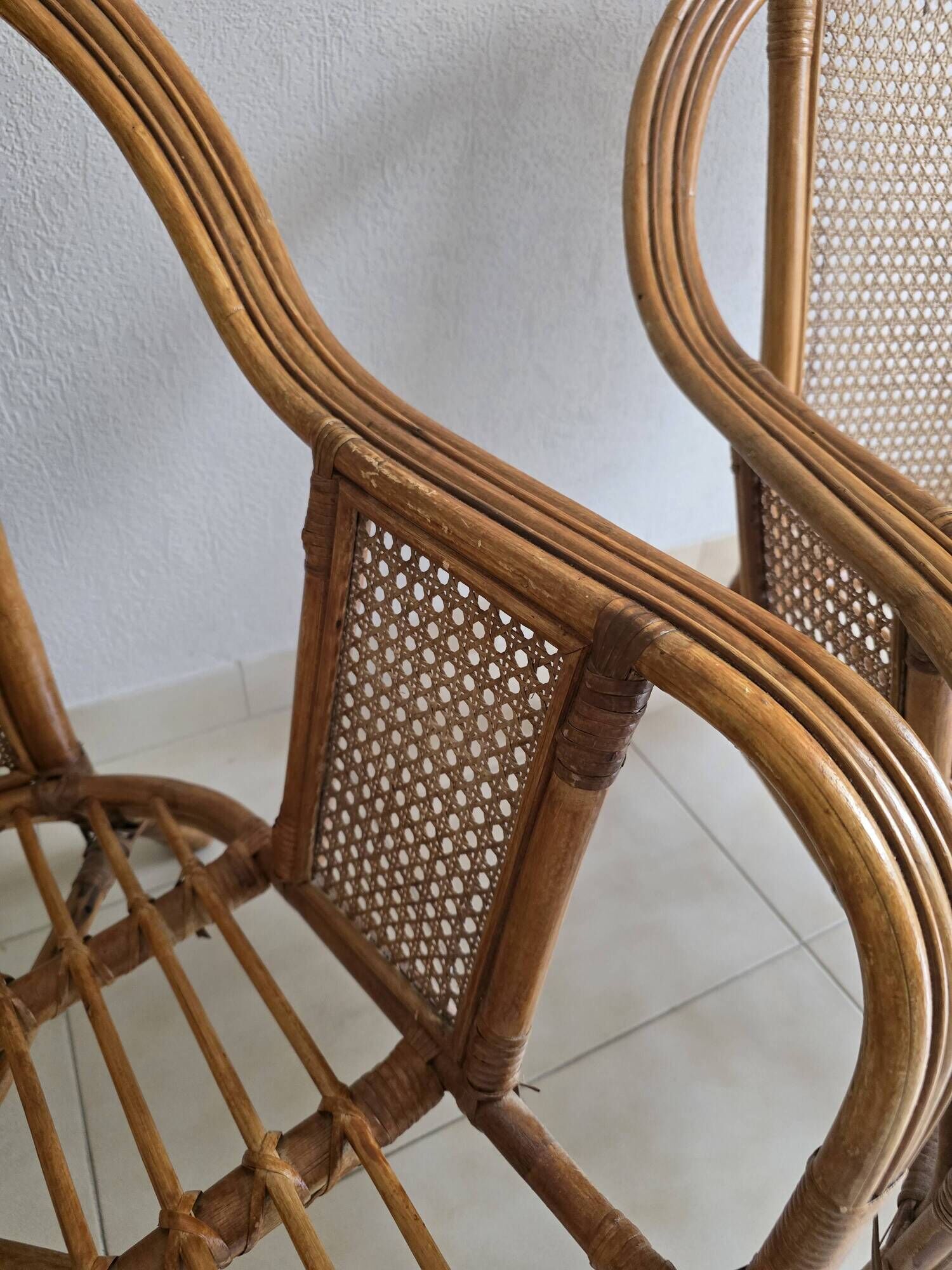 Pair of vintage rattan and cane armchairs – 1960s/70s