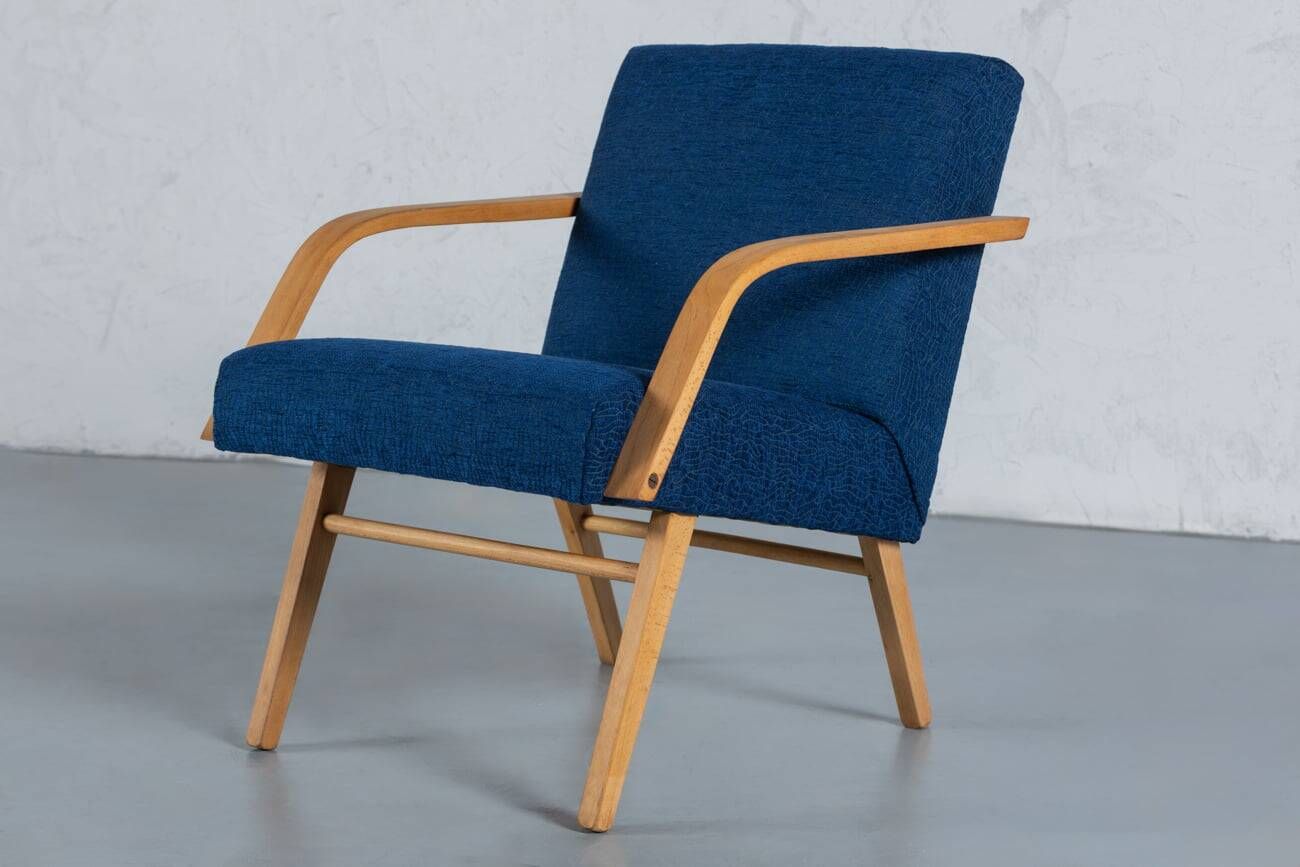 Vintage oak and blue fabric armchairs, Hungary, 1970s, set of 2