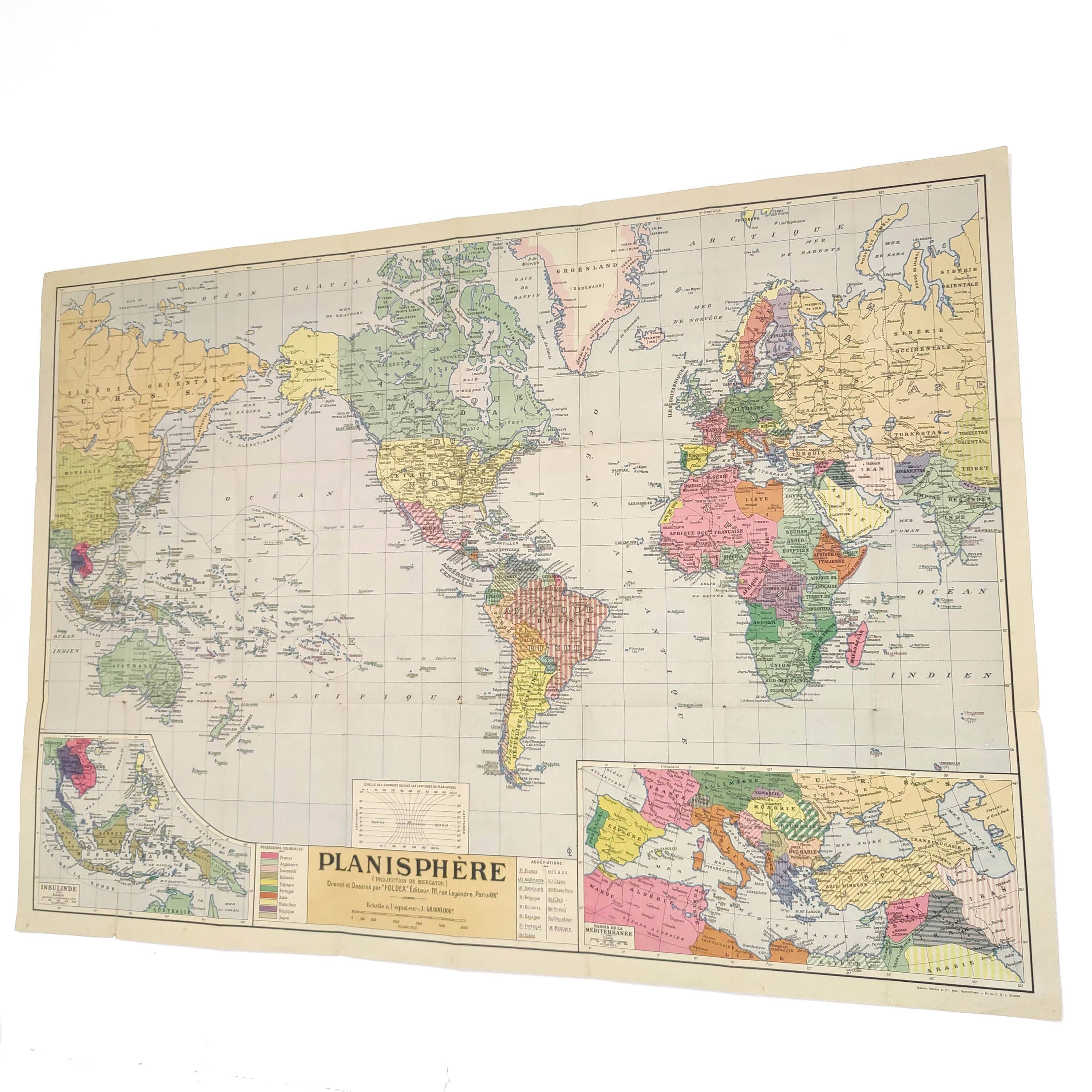 Large planisphere world map 105 by 74cm