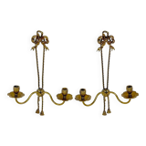 Ancien Paire Appliques 2 Feux - Bronze Doré - Nœud Style Louis XVI