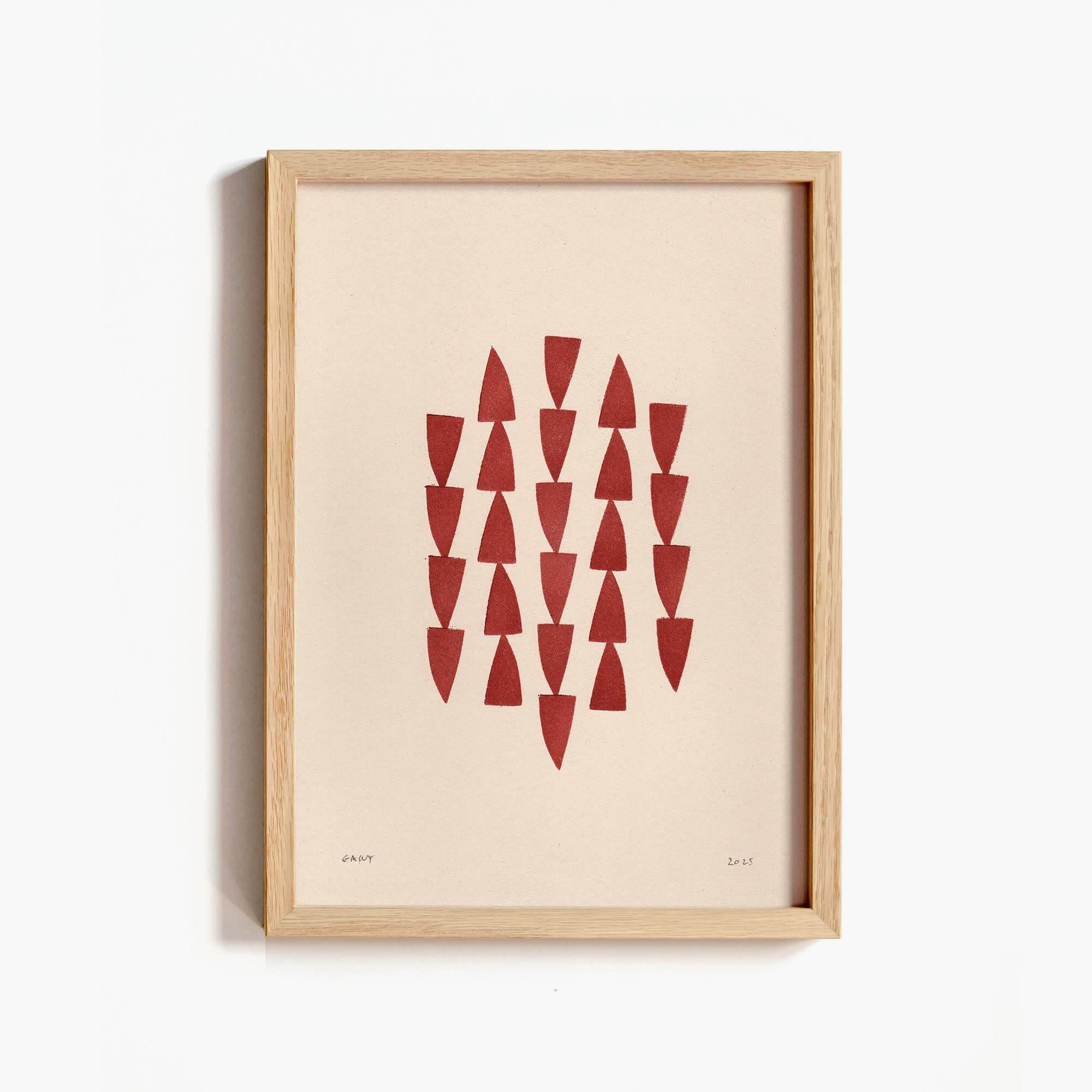 Abstract painting on paper, dark red illustration signed Eawy.