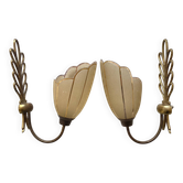 Paire d'appliques style hollywood regency en laiton et verre années 50
