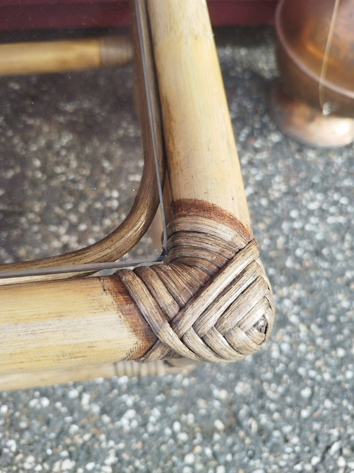 Small coffee or bedside table in rattan and vintage smoked glass