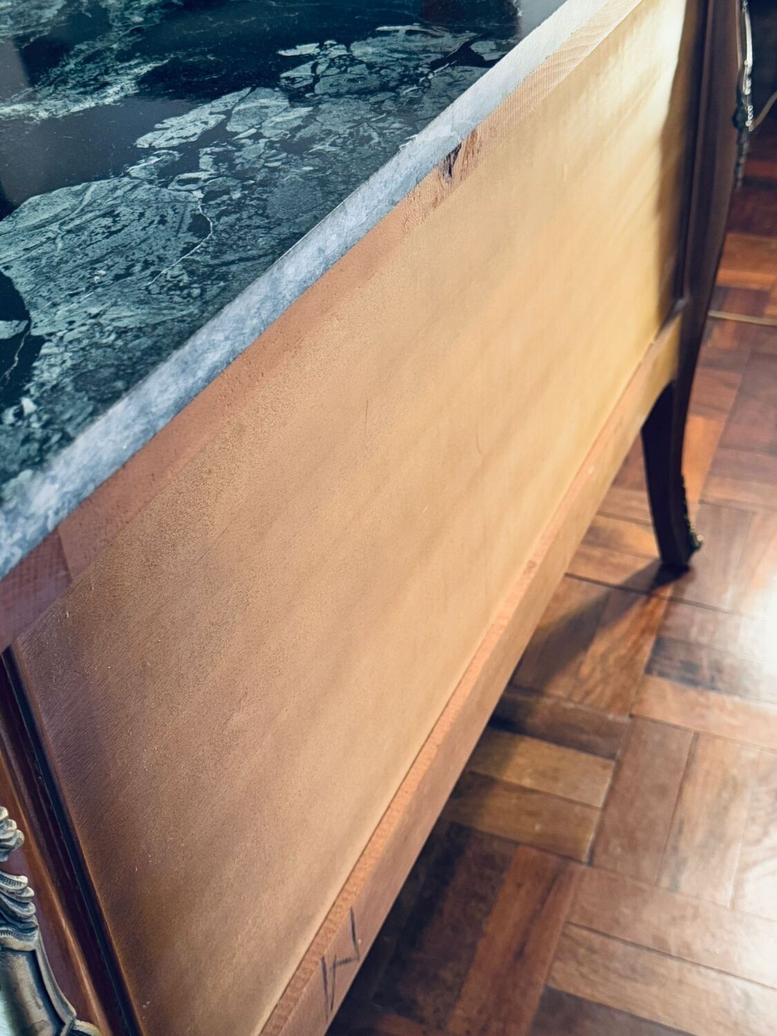 Exquisite Louis XV Style Bombé Commode with Musical Marquetry & Marble