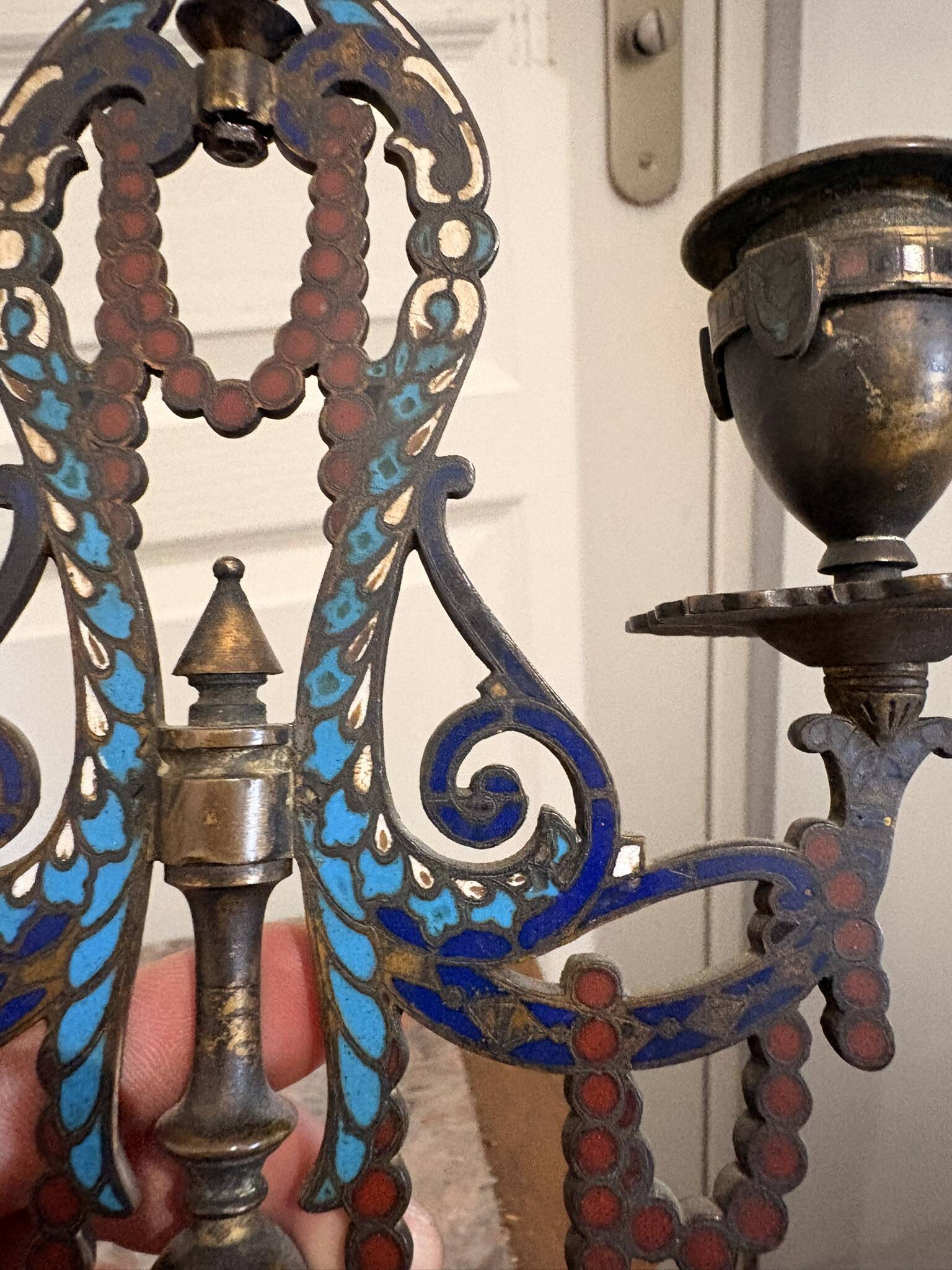 Pair of Candelabra Chandelier Champlevé Enamel Napoleon III Barbedienne