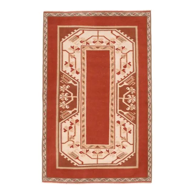 1970's Vintage Turkish Milas Handmade Wool Cotton Orange Area Rug 88x136