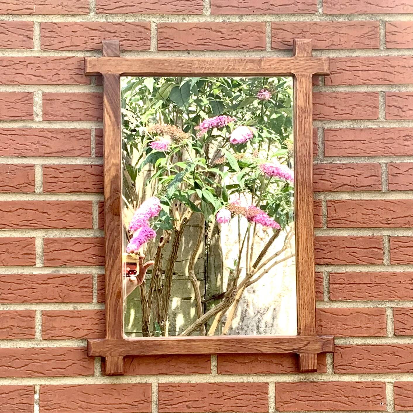 Vintage brutalist mirror with solid wood frame