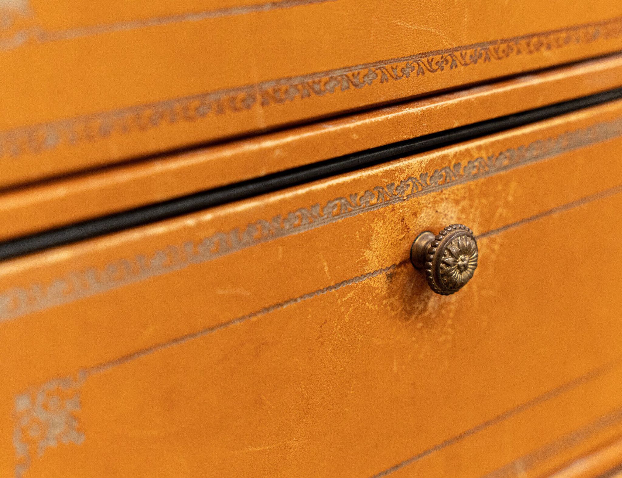 Furniture Cardboard chiffonnier leather patina fawn struck with iron 5 drawers