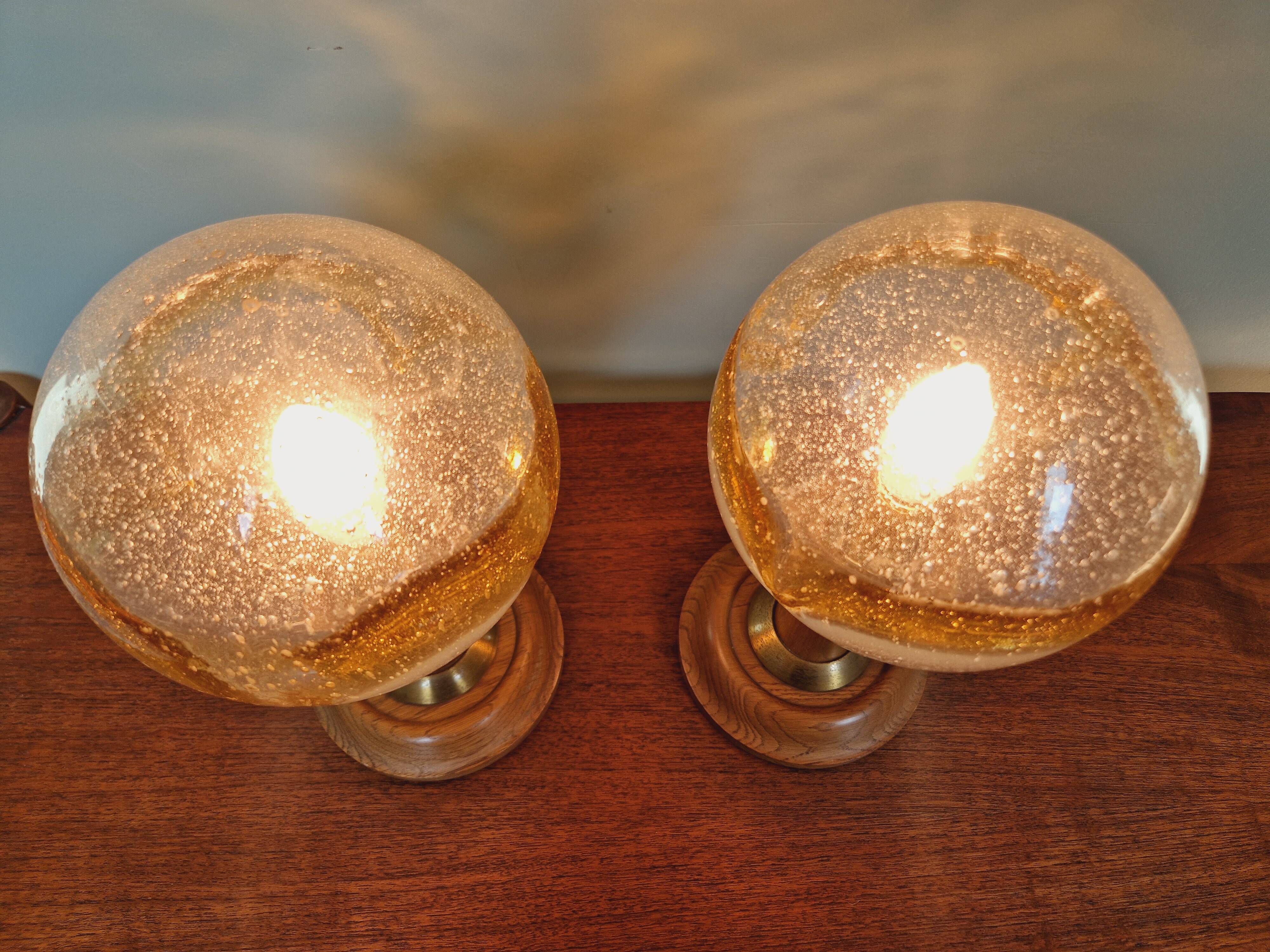 Pair of wooden and blown glass lamps, Honsel Leuchten, 1970s