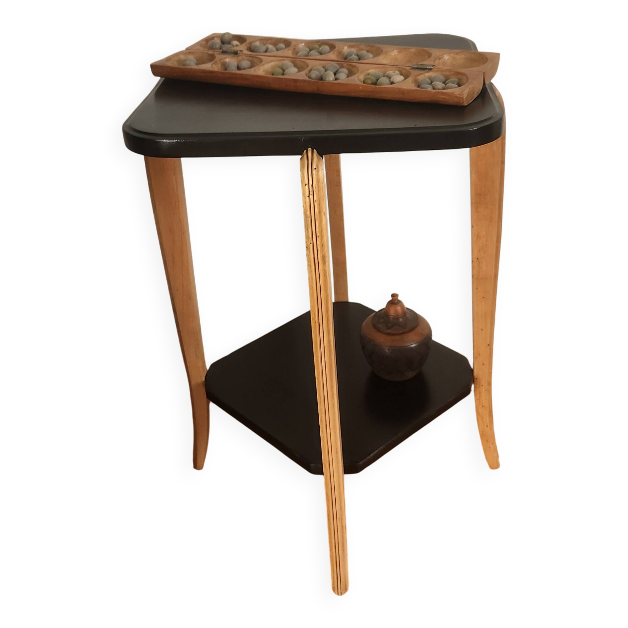 Black lacquered wooden side table with offset tops.