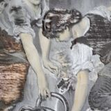 PAINTING ON FABRIC, GILDED FRAME - Young girls at a fountain. (Paris 12th arrondissement)