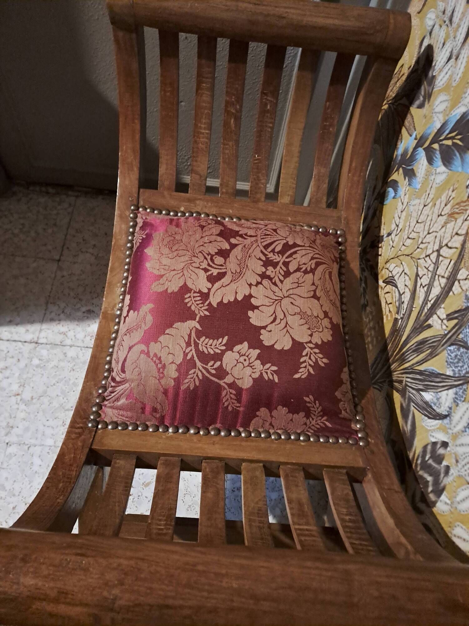 CURULE seat in antique Roman style, restored in teak wood and jacquard satin fabric
