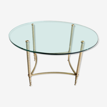 Table basse plateau verre rond et pieds laiton