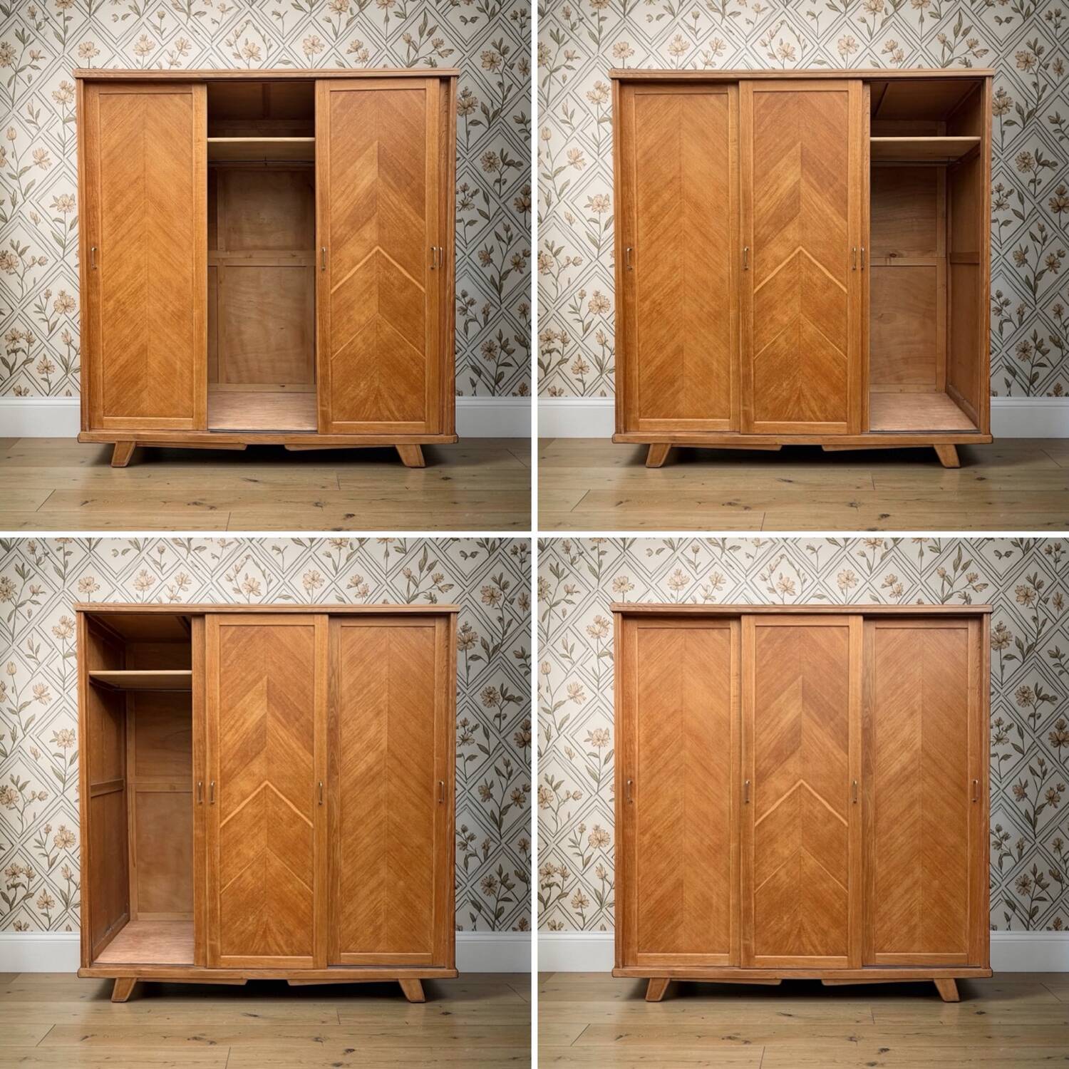 Armoire parisienne penderie porte coulissante chêne brut massif 1960