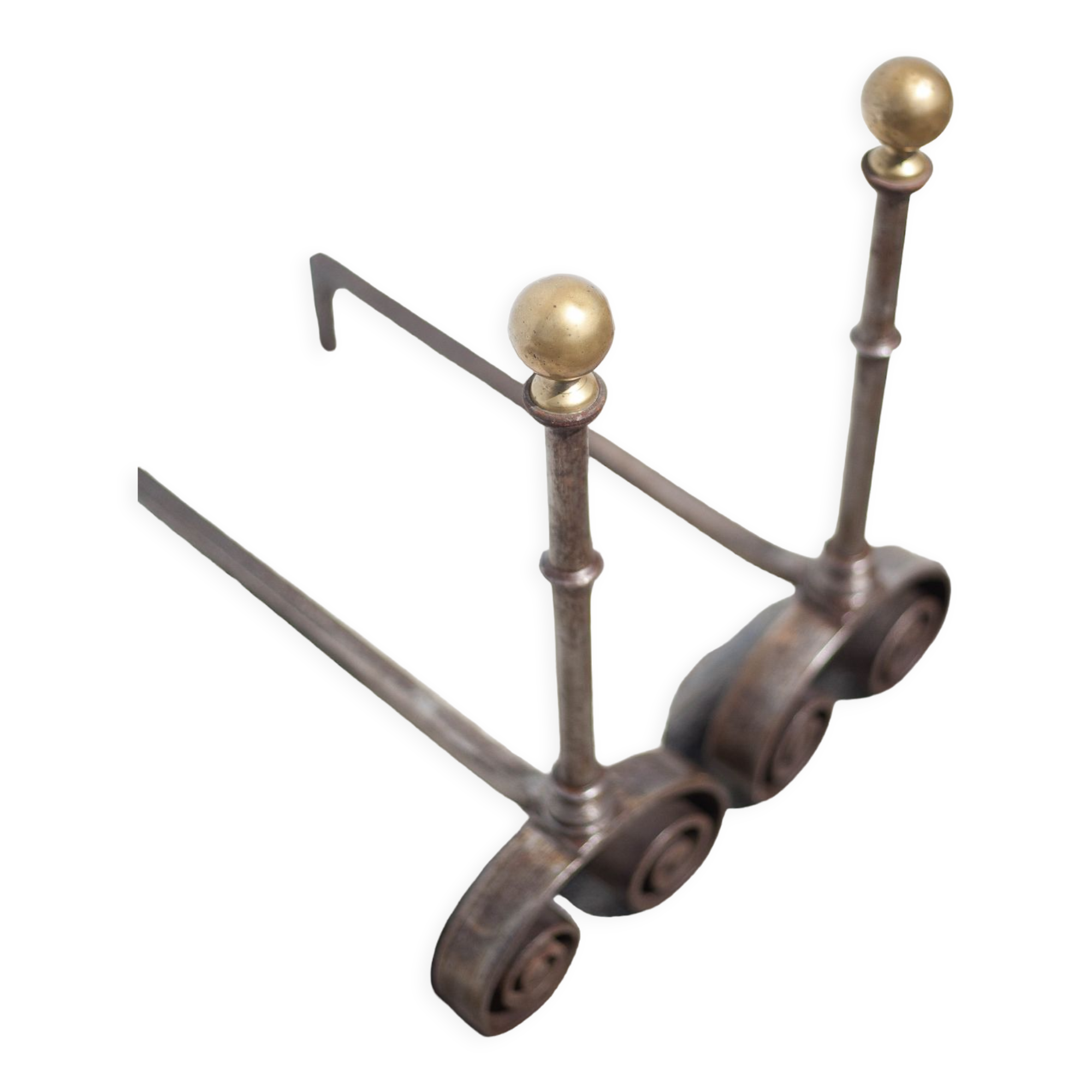 Vintage shirts, pair of wrought iron chenets and brass ball, large Napoleon III Style chenets