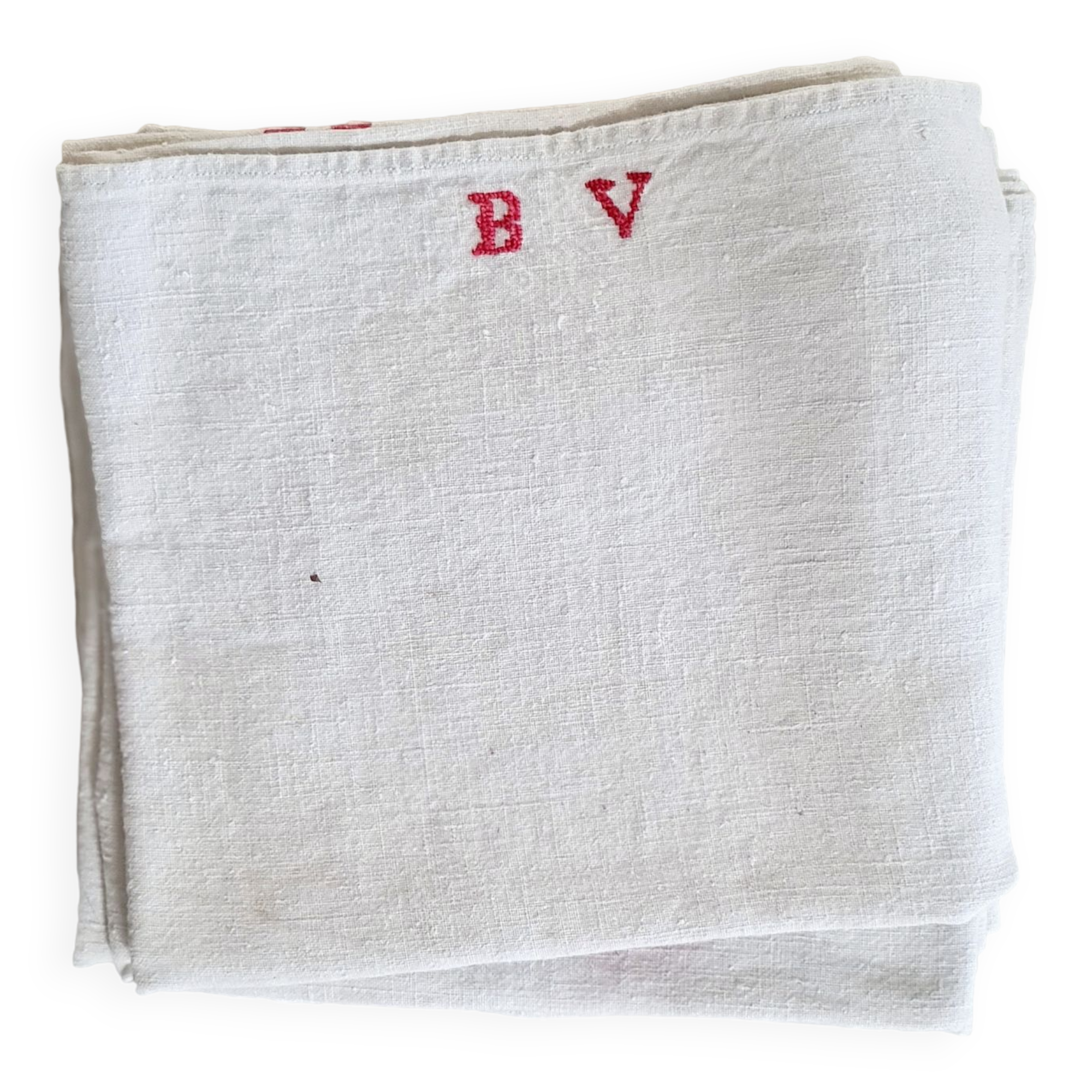 Old linen tea towels - monogrammed - red stripes - Set of 7