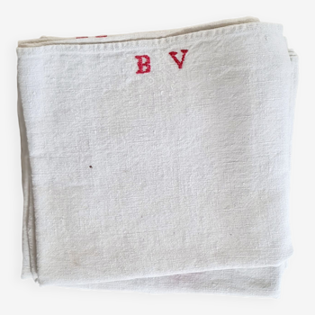 Old linen tea towels - monogrammed - red stripes - Set of 7