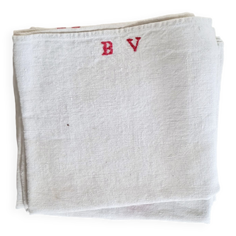 Torchons anciens en lin - monogrammés - bandes rouges - Lot de 7