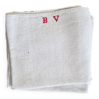 Old linen tea towels - monogrammed - red stripes - Set of 7