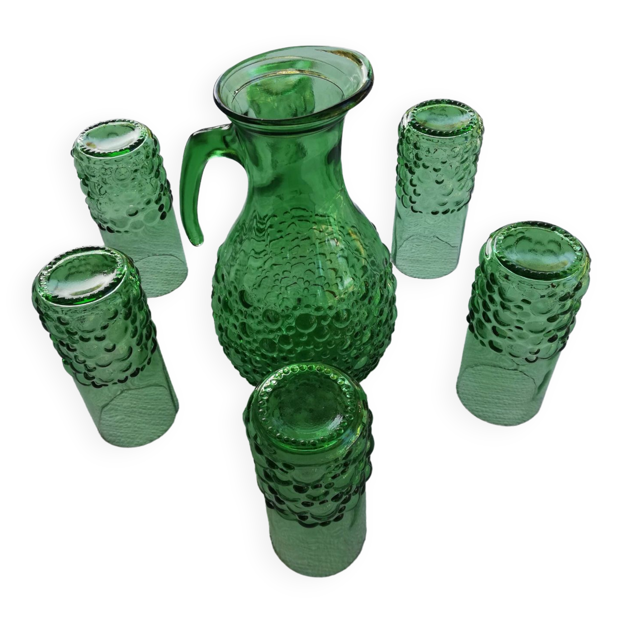 Service a orangeade verre moulé vert décor bulles